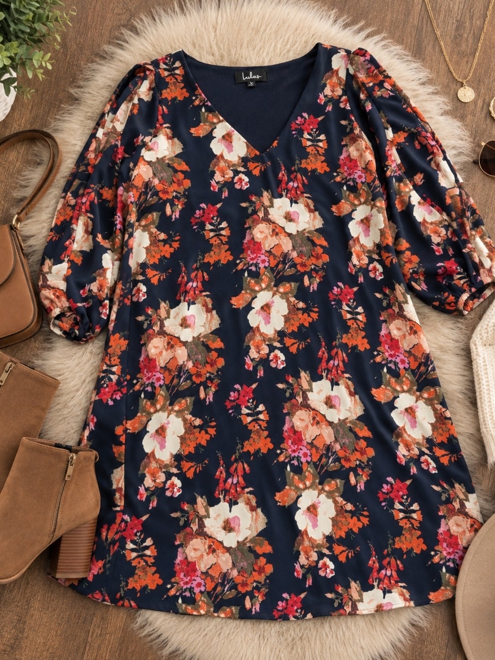 Lulu's Navy Floral V-NeckTunic Dress